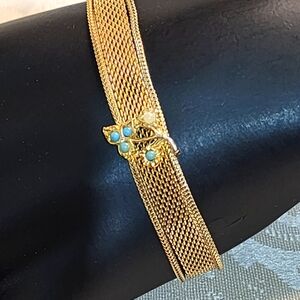 Vintage Signed Goldette NY Bracelet | Victorian Mesh Chain with Turquoise